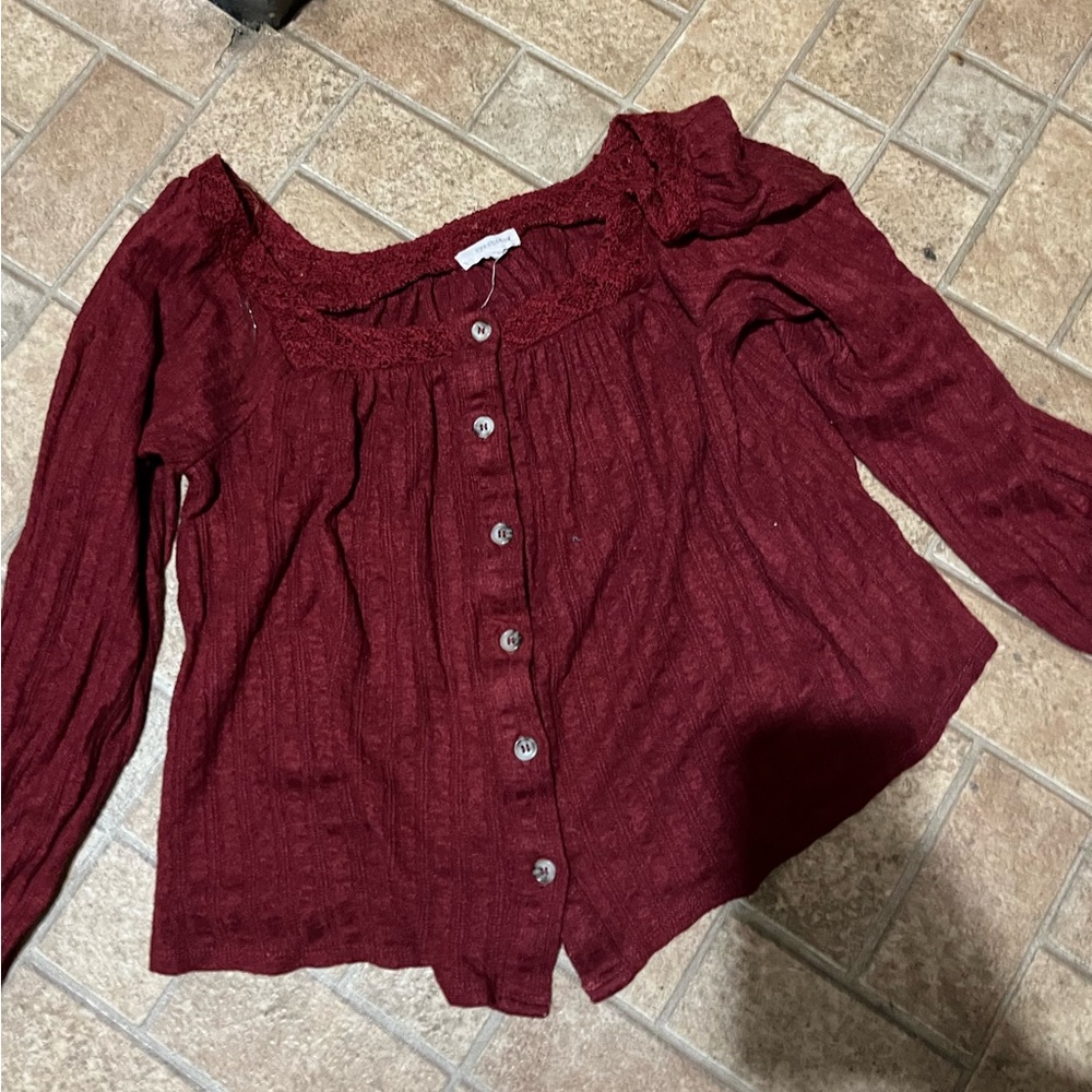 Eyeshadow Button-Front Wine Knit Top